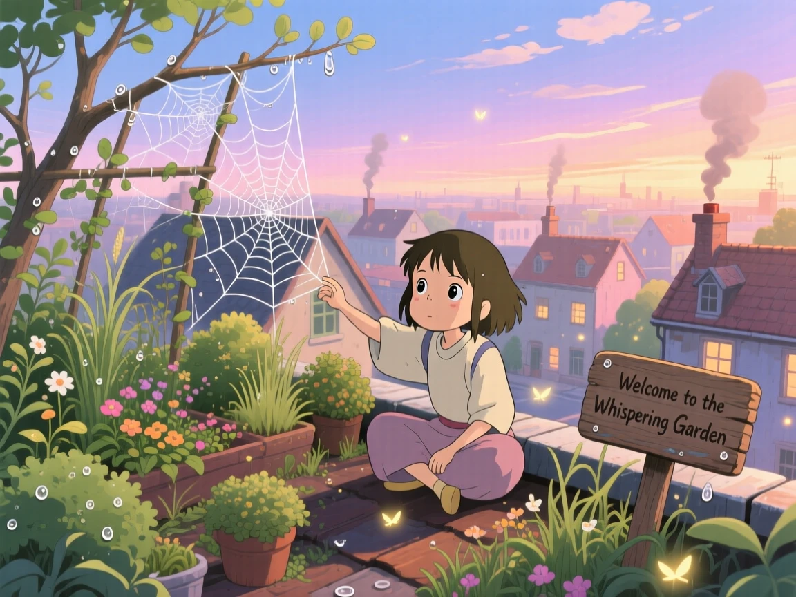 A rooftop garden overlooking a sleepy town, dew clinging to spiderwebs strung between branches, creating a scene of quiet natural magic.