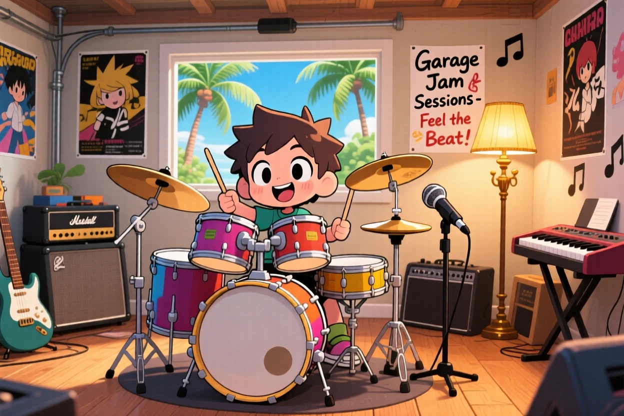Medium shot: a young drummer, beating a joyful rhythm on a drum set, set against a garage band practice room on a warm tropical afternoon, with warm lamplight and a mood of curious excitement.