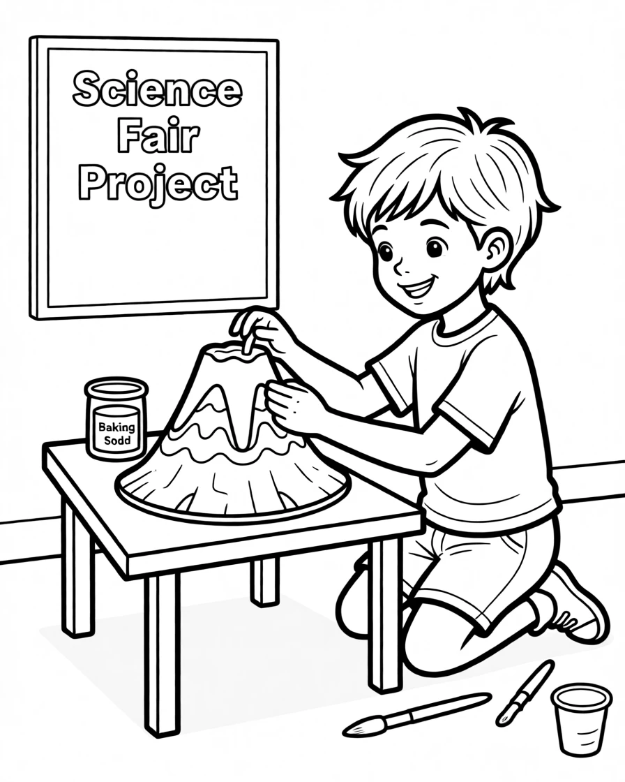 A child building a volcano model for a science fair