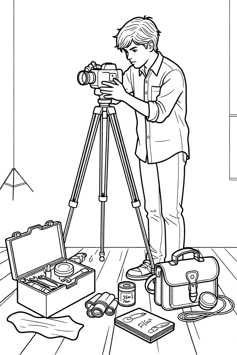 A photographer adjusting a vintage film camera, with tools and supplies scattered nearby.