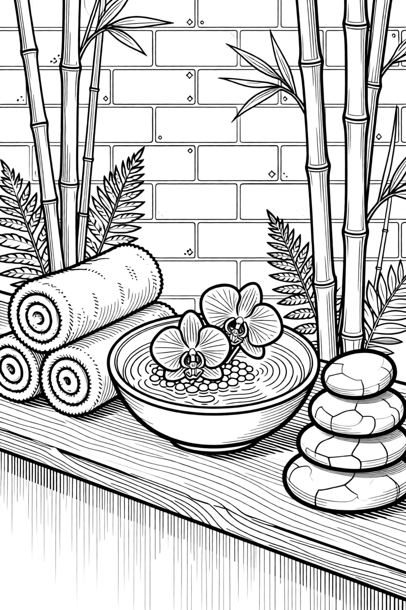 A quiet spa shelf with rolled towels, stones, and a bowl of orchids.
