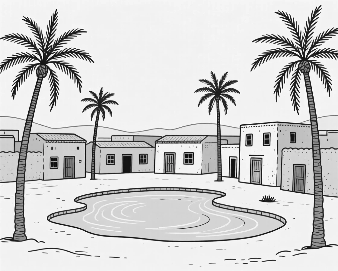 A desert oasis town with palm trees and mudbrick buildings