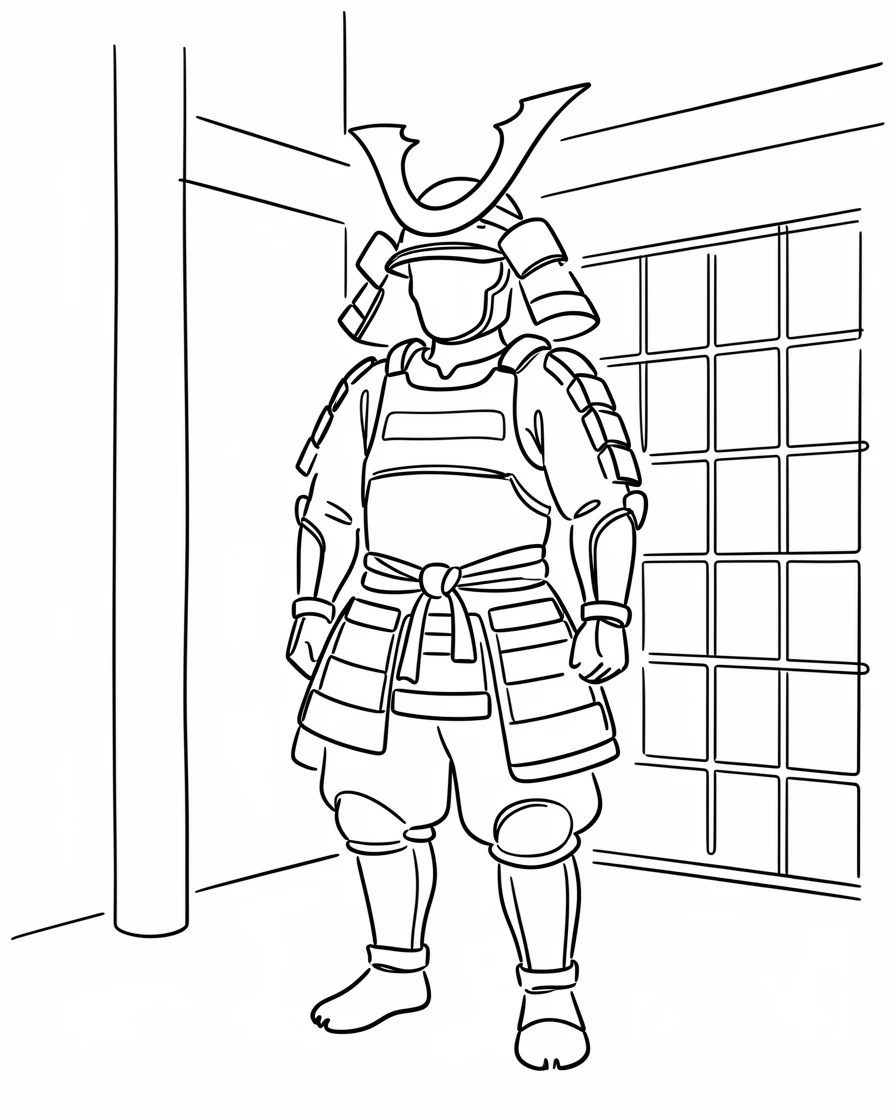 A Samurai suit of armor displayed in a traditional Japanese hall