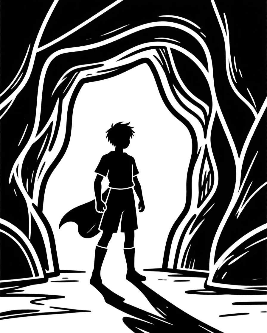 A young hero standing at the entrance of a glowing enchanted cave.