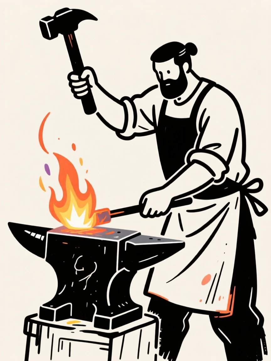 A blacksmith hammering a glowing piece of metal at an anvil.