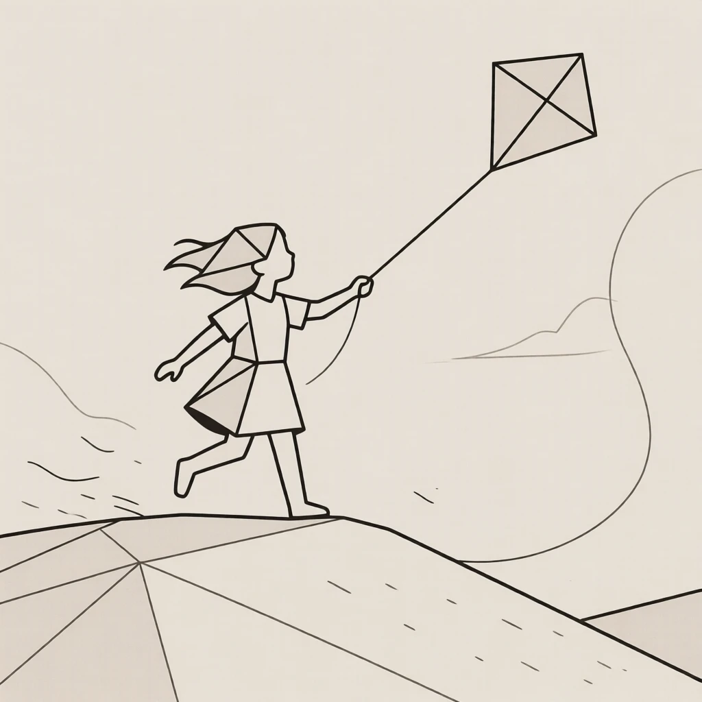 A young girl flying a kite on a windy hill