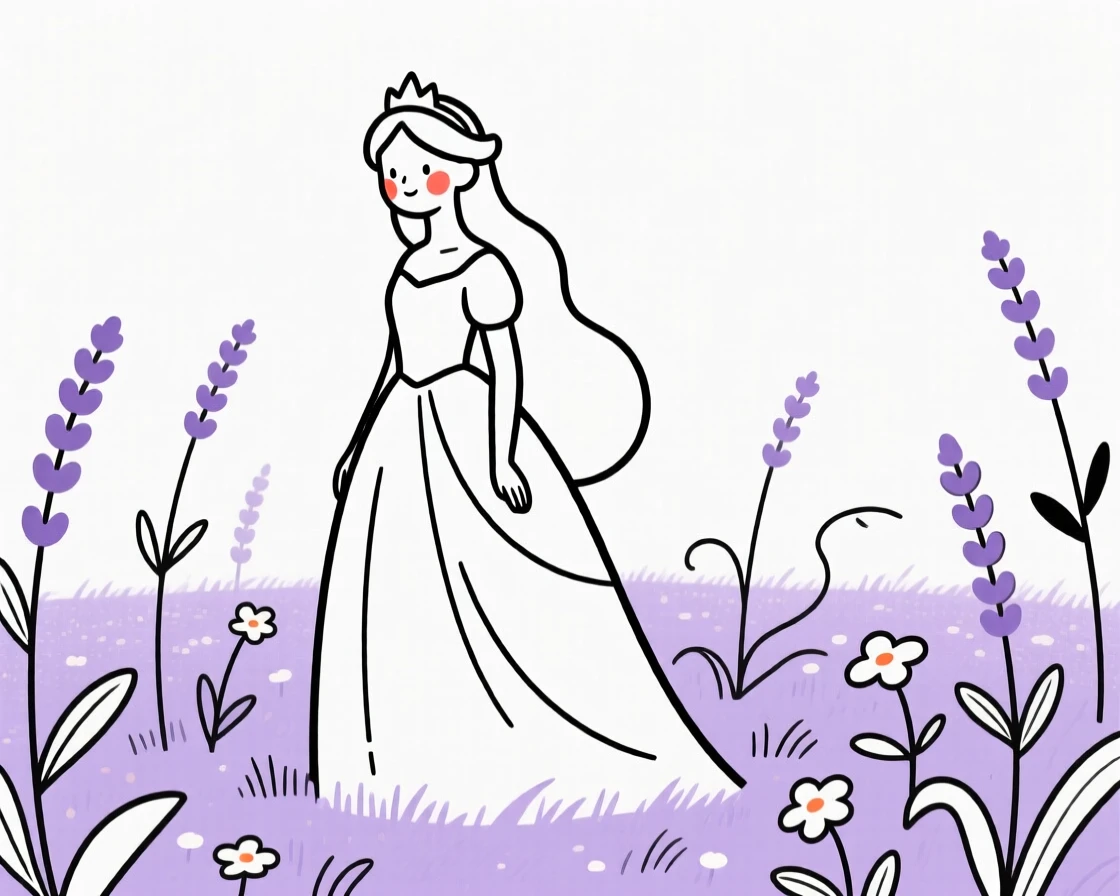 A fairytale princess in an enchanted garden, in a lavender field.
