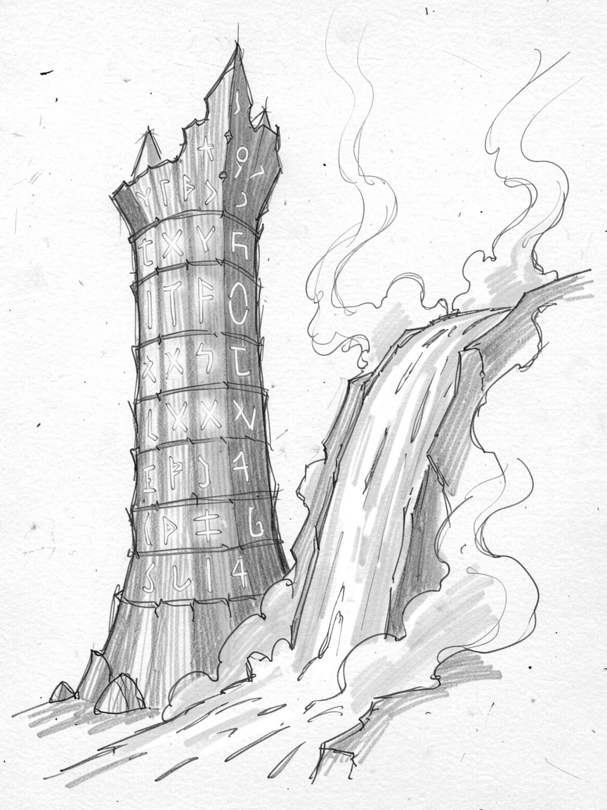 A magical, imaginative vision of a tower wrapped in glowing runes beside a waterfall that flows upward, with mist curling like living smoke.