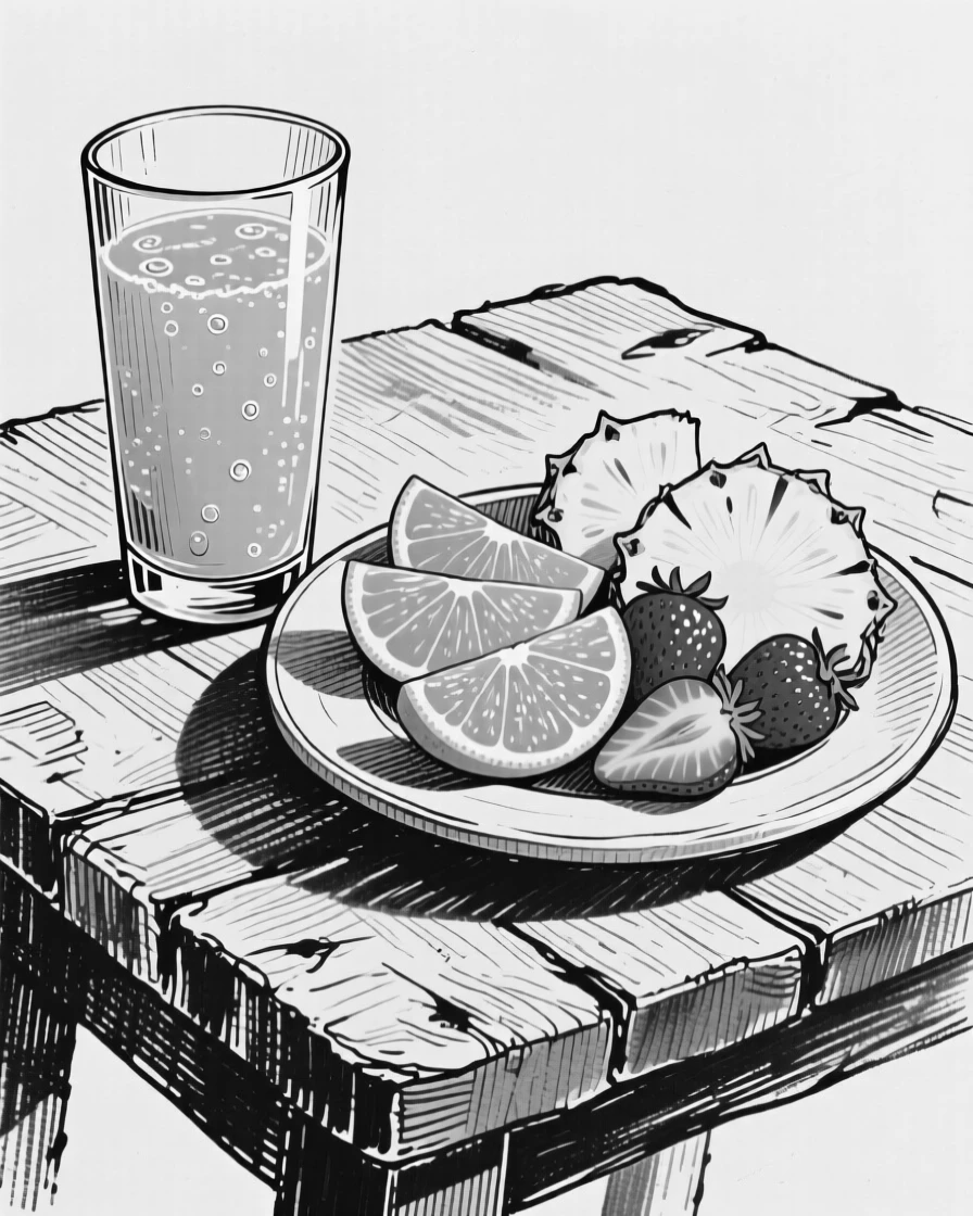 A glass of freshly squeezed orange juice beside a plate of sliced fruit.