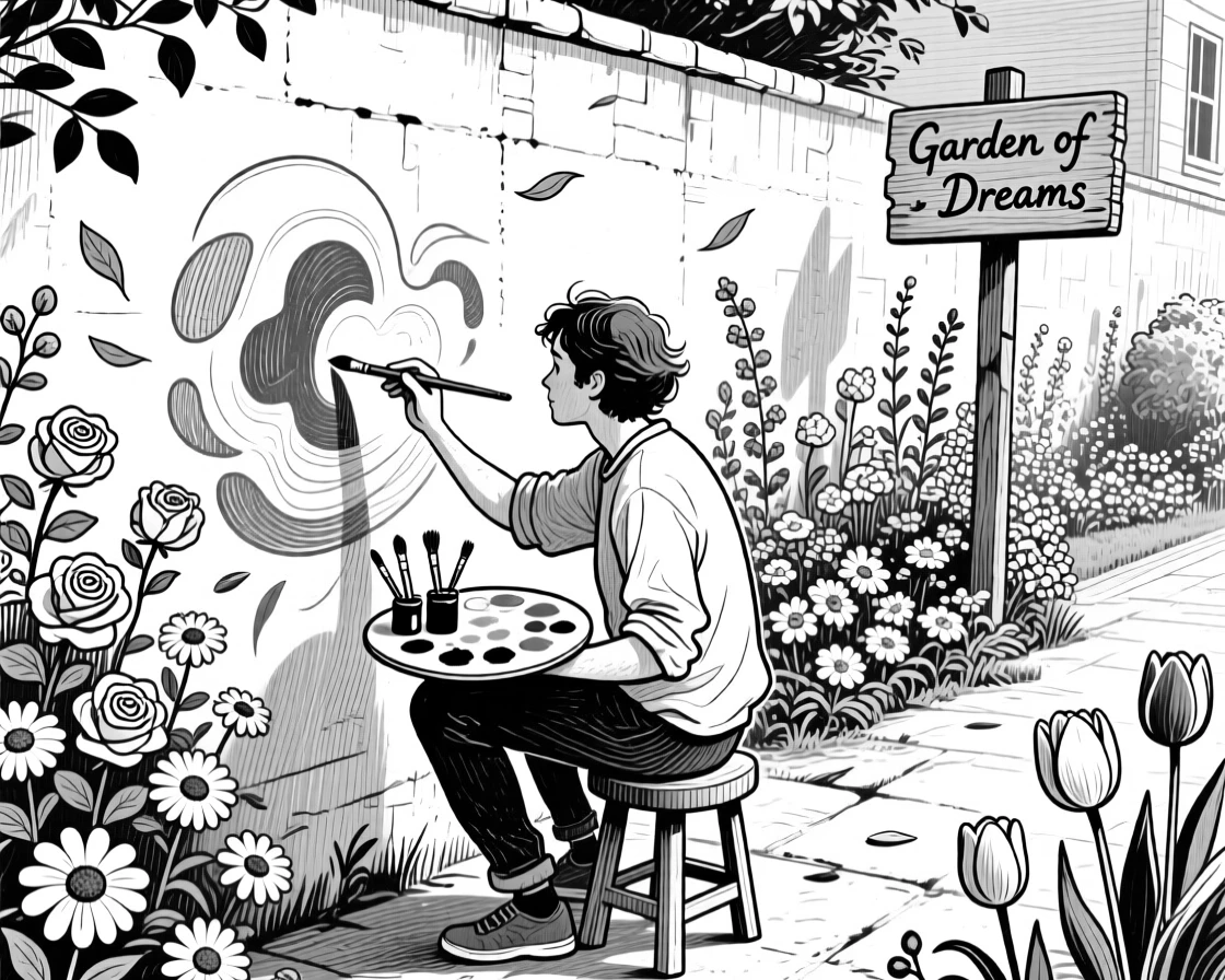 A street artist painting a mural in a garden filled with blooming flowers, with leaves drifting past them in the wind, creating a wistfully sweet lifestyle scene.