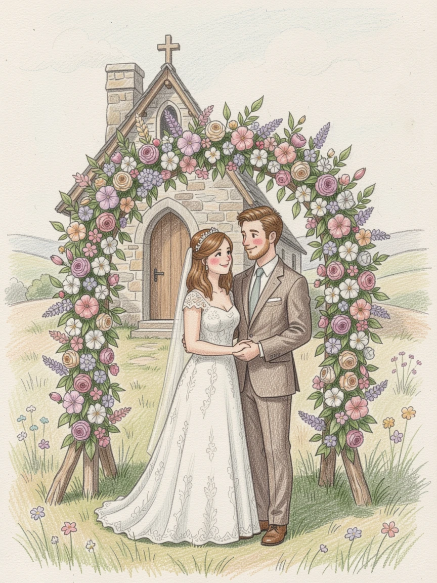 A quiet countryside chapel wedding beneath a flowering arch, with delicate details that reward a closer look, radiating comfort, joy, and quiet beauty.