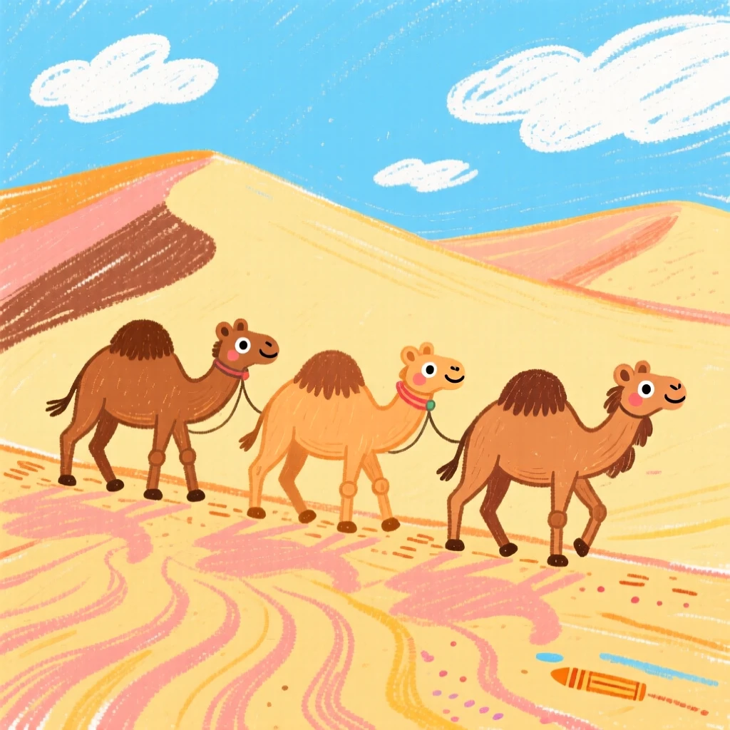 A camel caravan crossing a vast rippled sand dune.