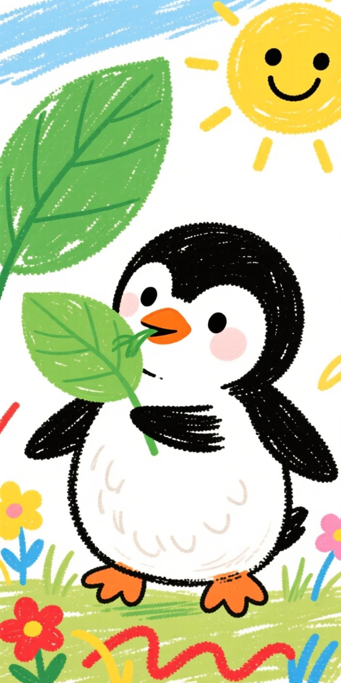 A tiny penguin chick nibbling on a fresh green leaf.