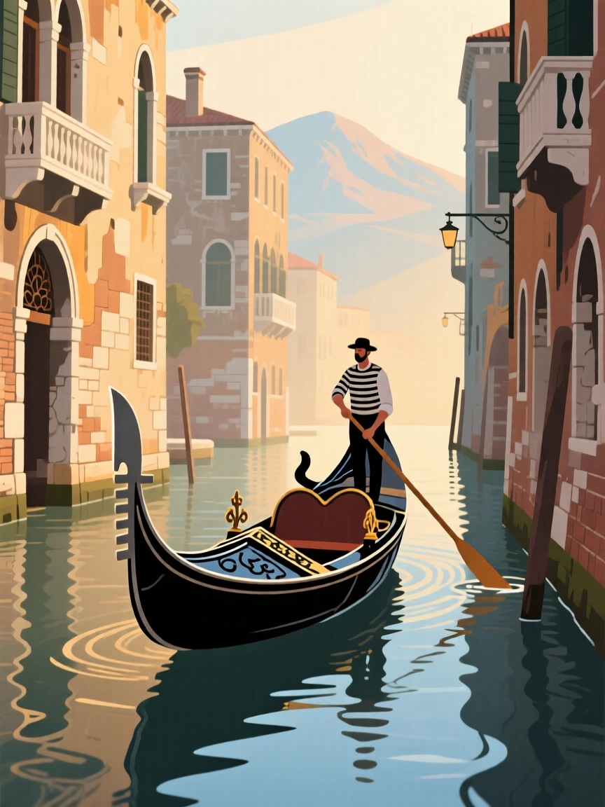 A traditional gondola gliding through a quiet canal, with distant mountains fading into soft haze, captured with warm inviting light filling the frame, with a nostalgic, postcard-like charm.