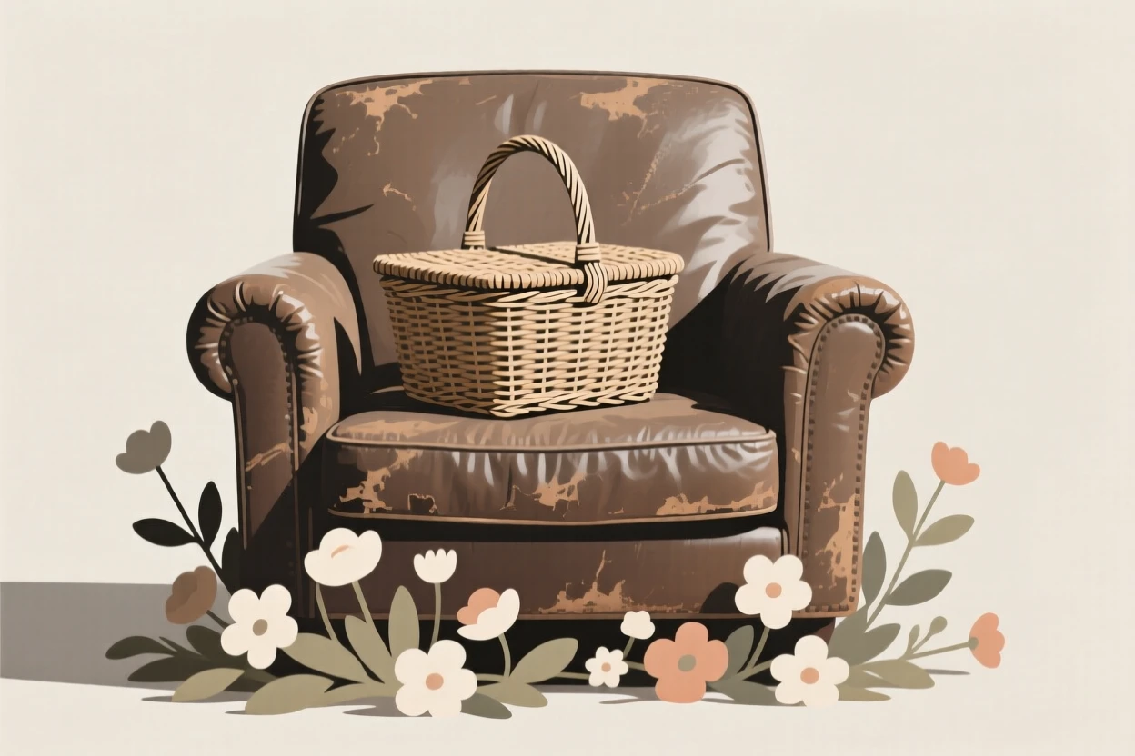 A woven picnic basket resting on a worn leather armchair, surrounded by fresh flowers, evoking quiet curiosity.