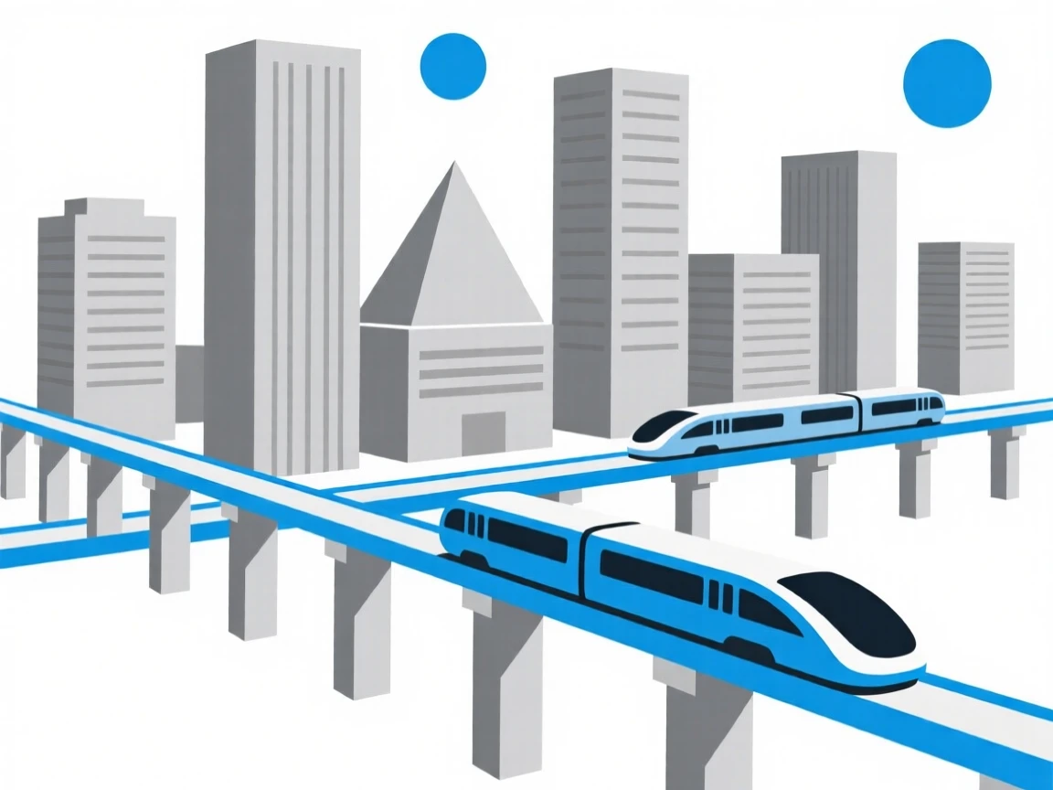 A futuristic city with elevated transit lines