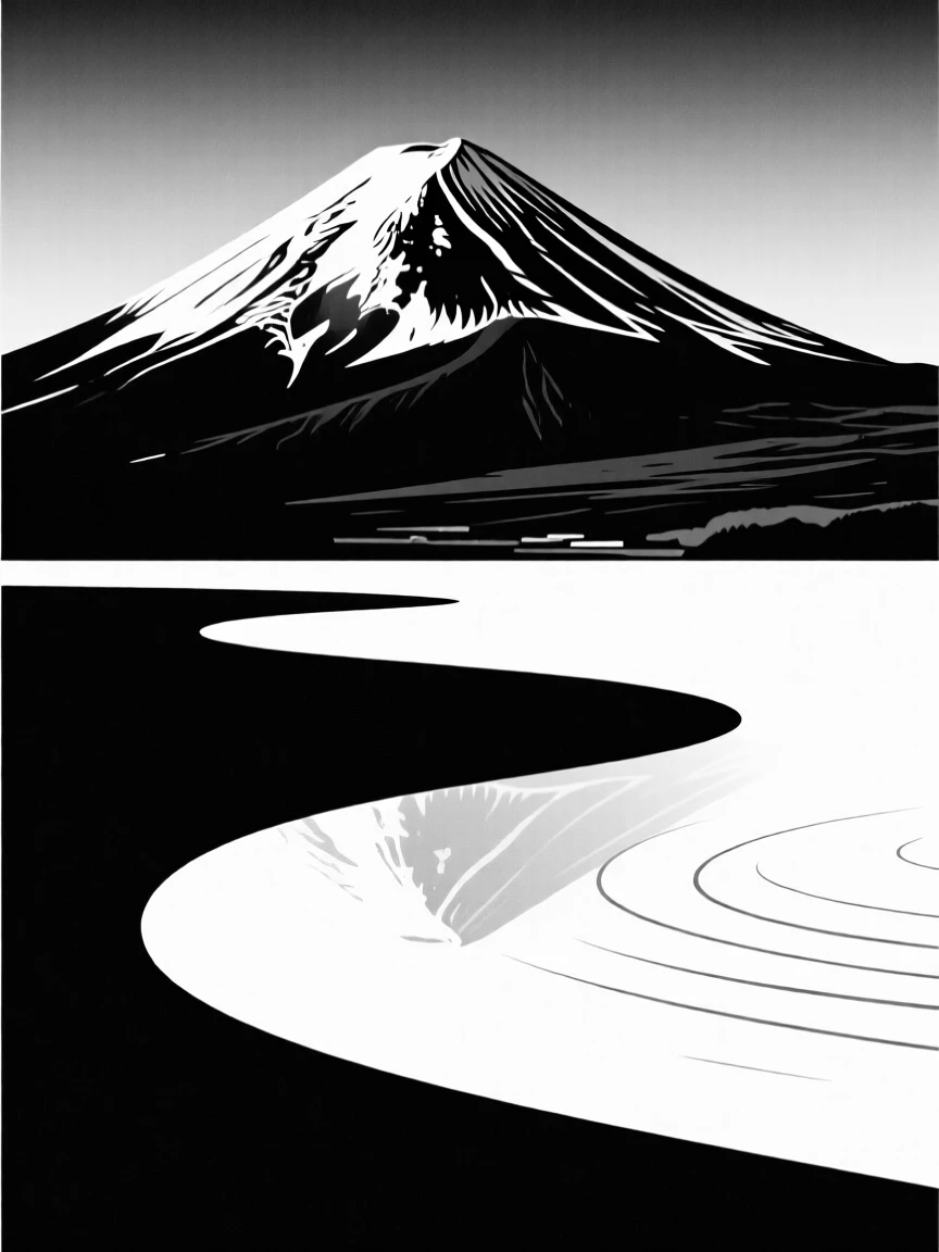 Mount Fuji rising behind a lake.