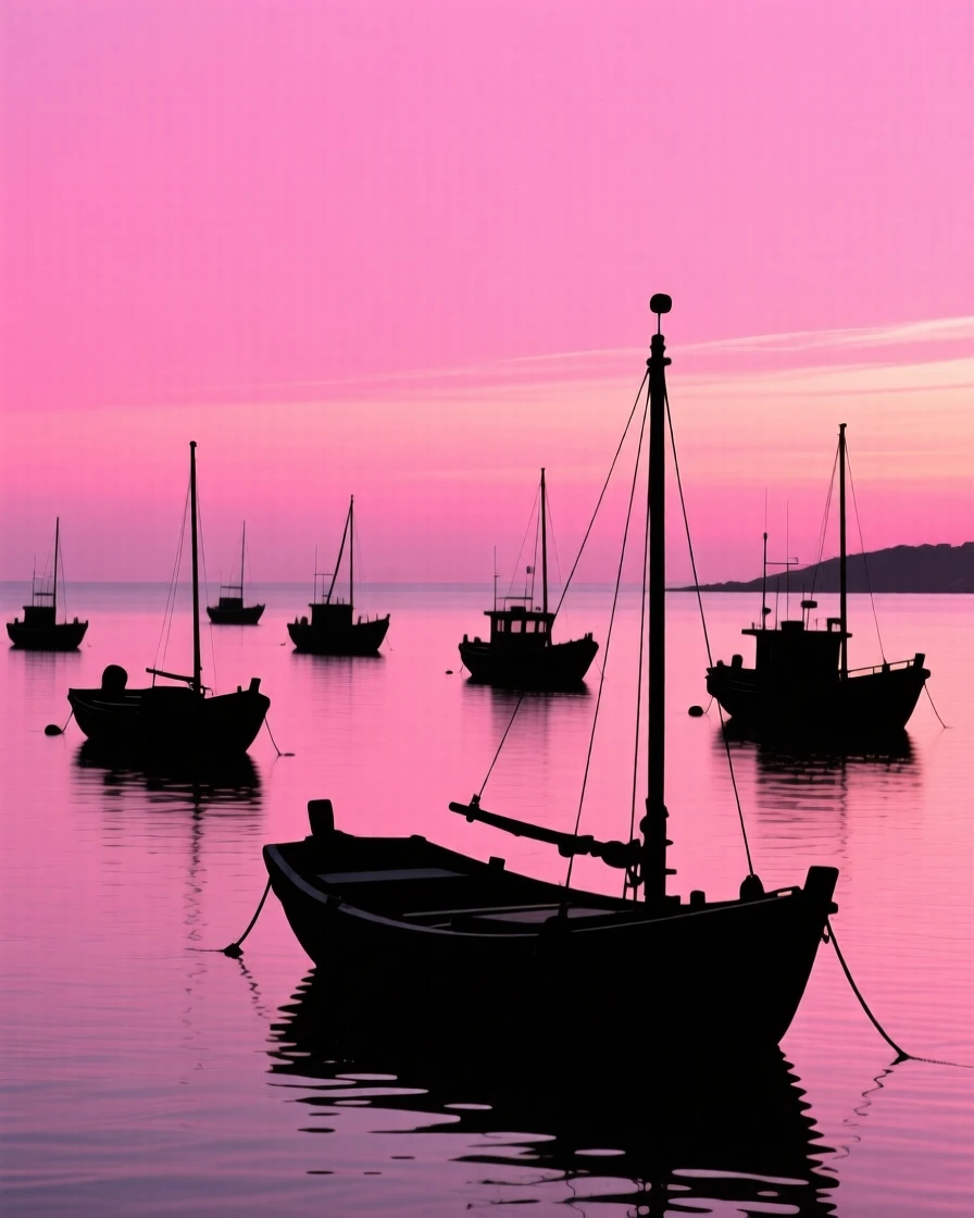 A wide bay dotted with small fishing boats at anchor under a pink sky.
