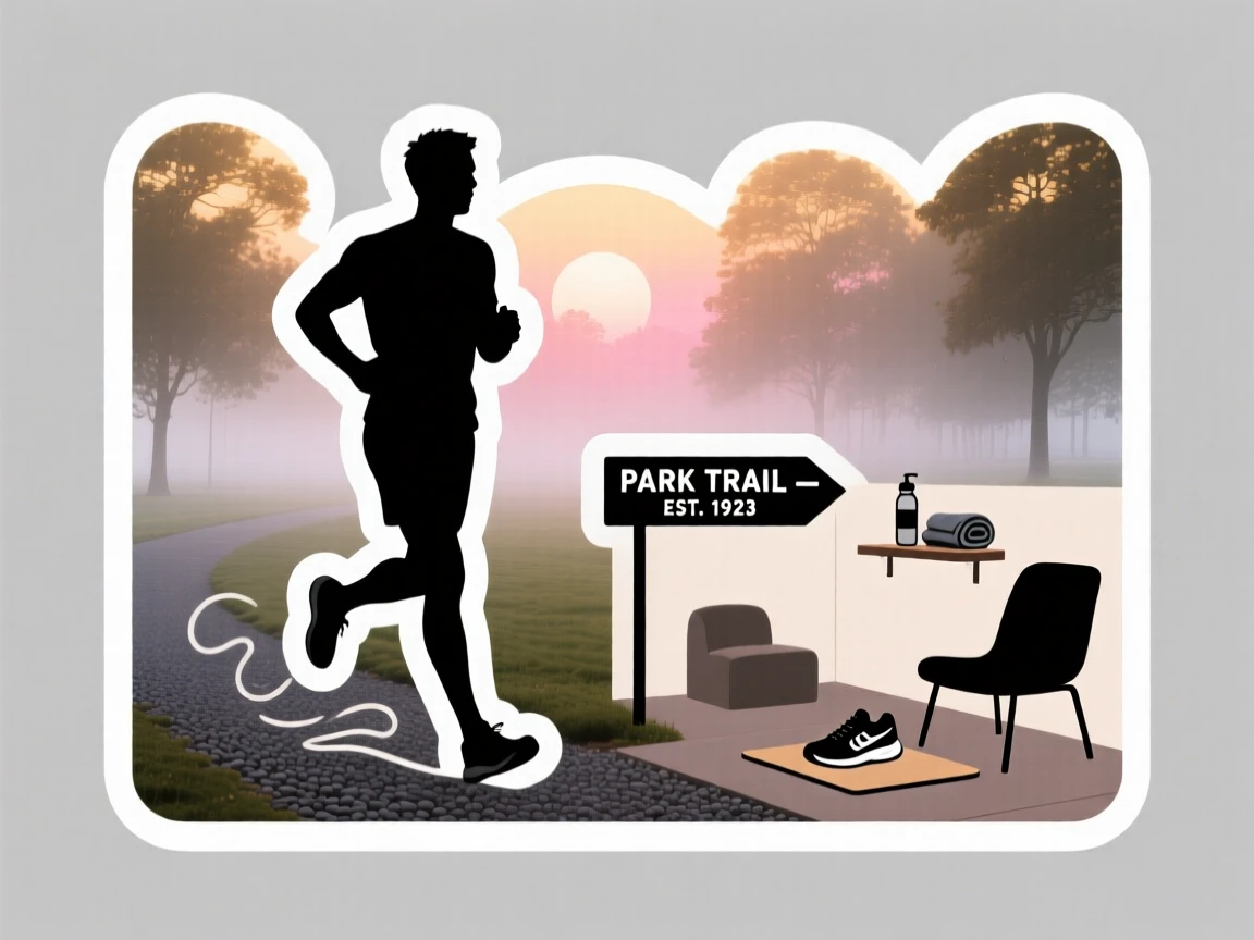 A quietly passionate runner jogging through a misty park at sunrise, taking a short pause to admire their progress, in a peaceful home corner dedicated to their craft.