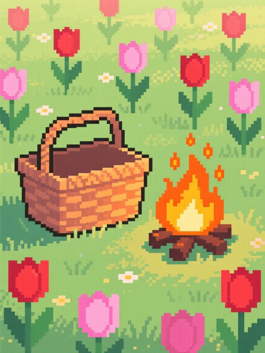 A picnic basket in a summer meadow glowing beside a crackling bonfire, in a sunlit spring meadow full of tulips.