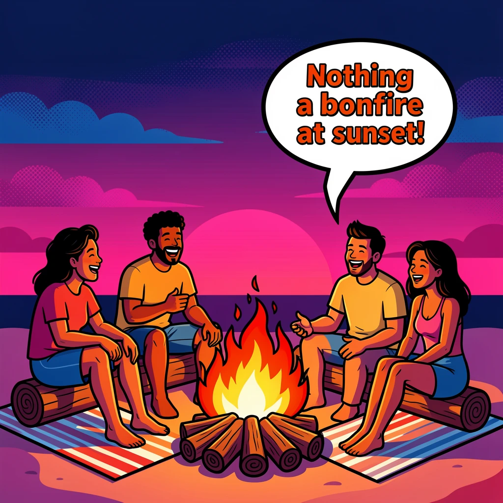A beach bonfire lit as friends gather at sunset