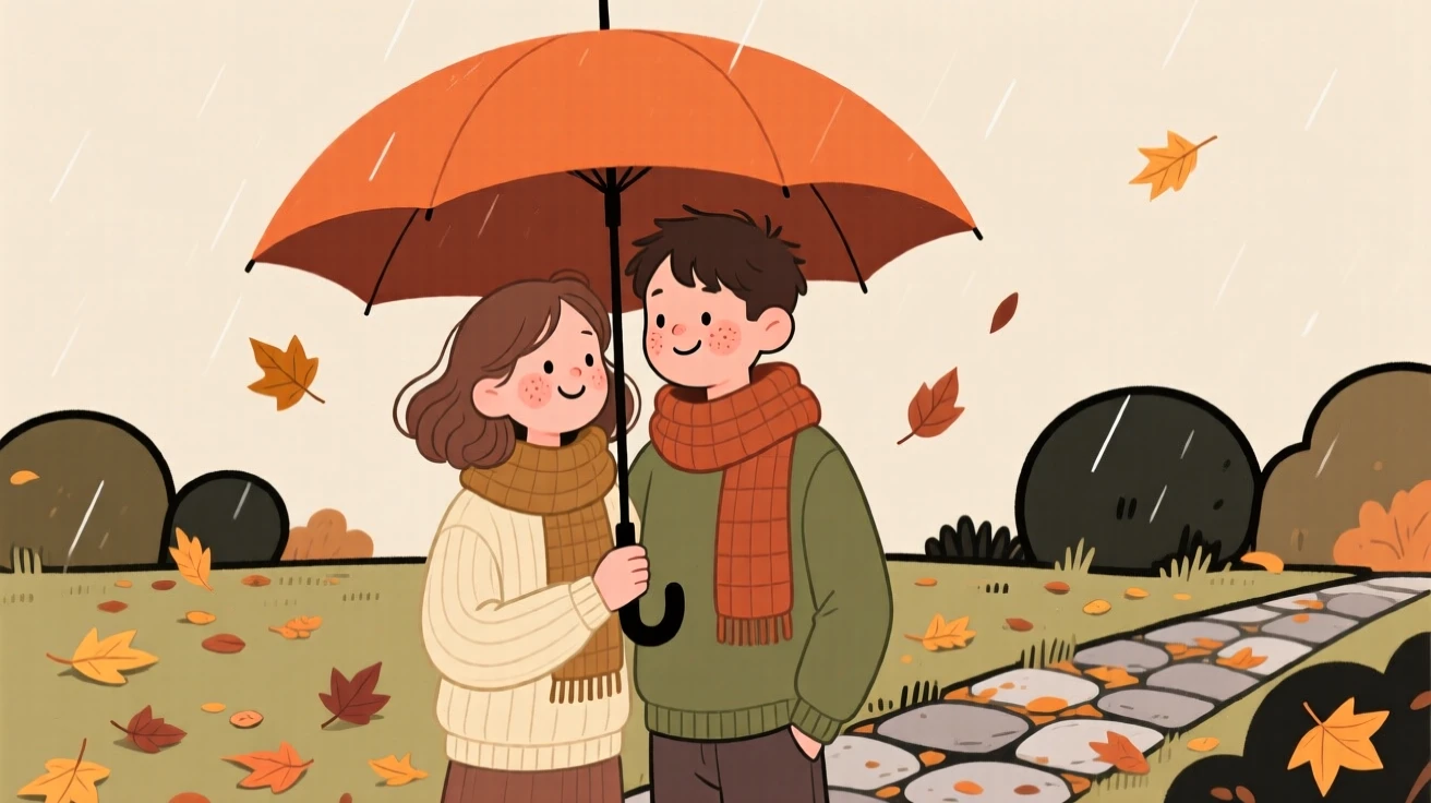 Soft autumn leaves falls over a sleeping garden as a young couple watches from under a wide umbrella, wrapped warmly against the autumn air.