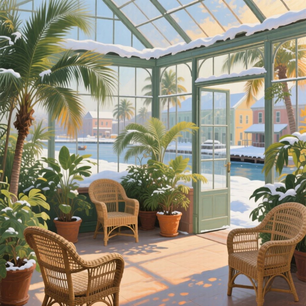 A balanced composition of a sunlit conservatory filled with potted palms and wicker chairs, under a fresh blanket of winter snow, in a Caribbean port town.