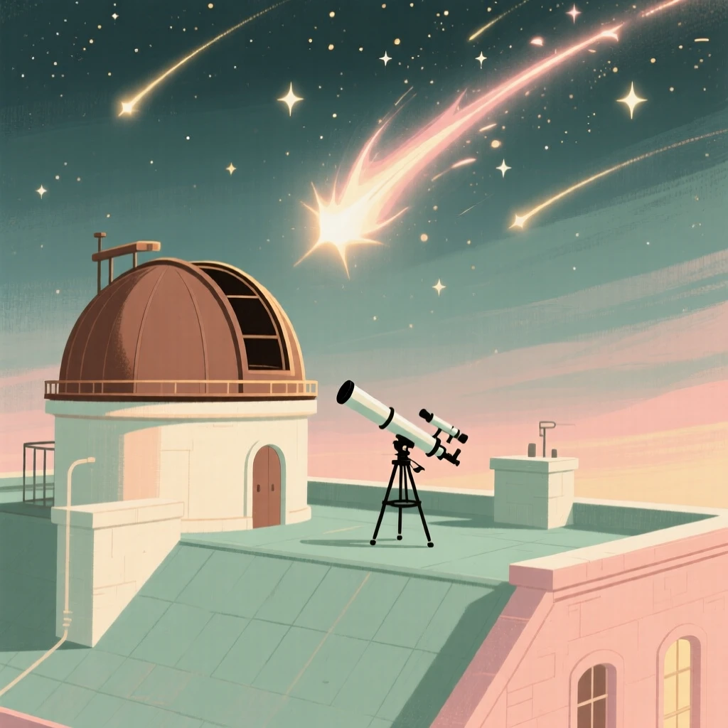 An astronomer's rooftop observatory beneath a brilliant meteor shower