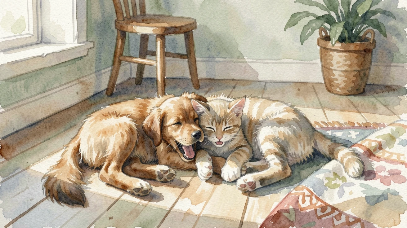A puppy and kitten curled up together in a warm farmhouse setting mid-yawn and stretching.