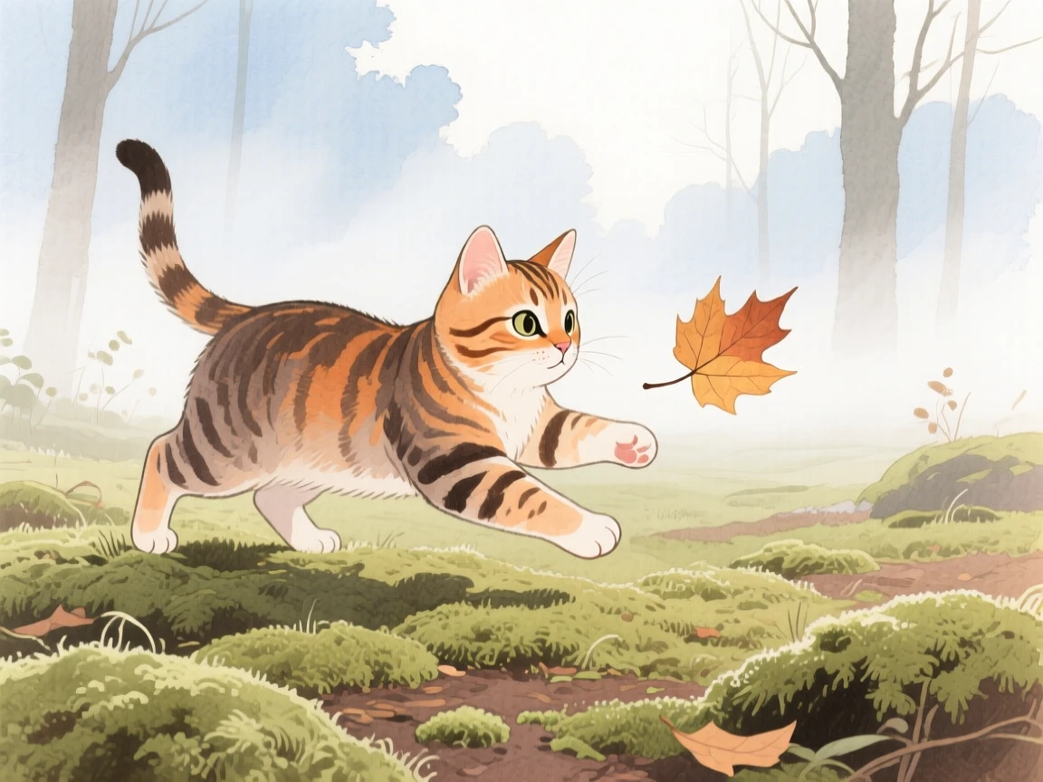 A tabby kitten chases a fluttering leaf in a mossy forest clearing, as morning mist rises in the background
