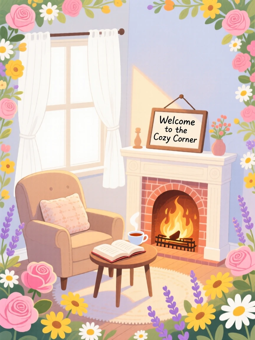 A cozy reading nook by a crackling fireplace, framed by blooming flowers and soft afternoon light.