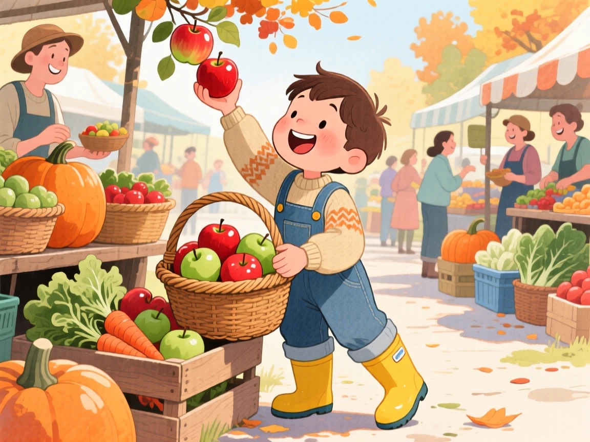 A boy in rain boots picking apples and filling a wicker basket, in a farmers' market bustling with color, brimming with carefree happiness.