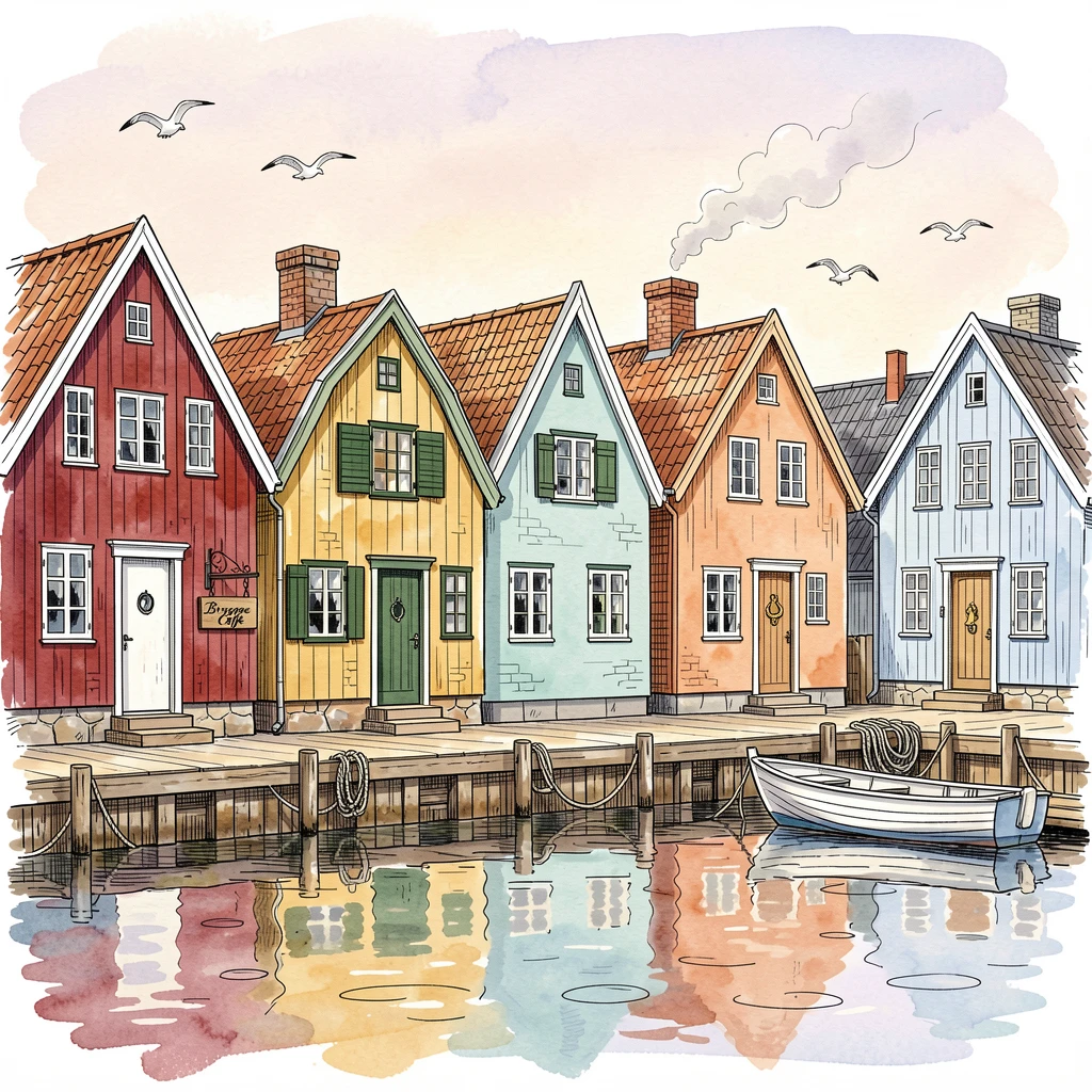 A colorful row of houses reflected in a still Nordic harbor, warm afternoon light settling over the weathered stone and rooftops.