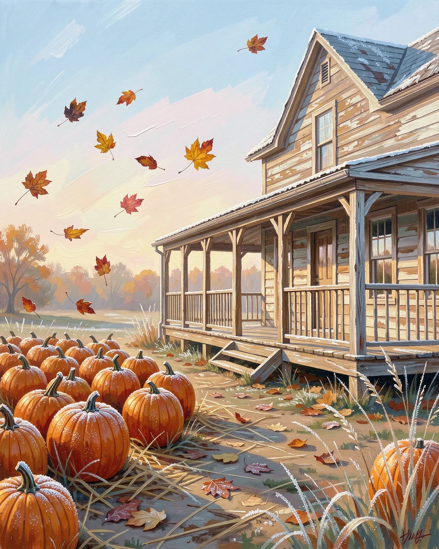 A pumpkin patch under a crisp autumn sky, beside a rustic farmhouse with a wraparound porch, leaves drifting slowly to the ground, at first light, frost glittering on every surface.