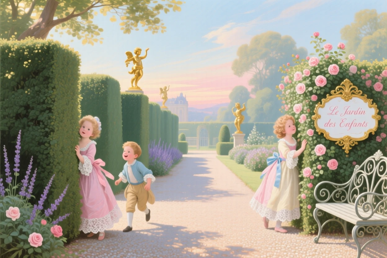 Children playing hide-and-seek among tall hedges in a formal garden  