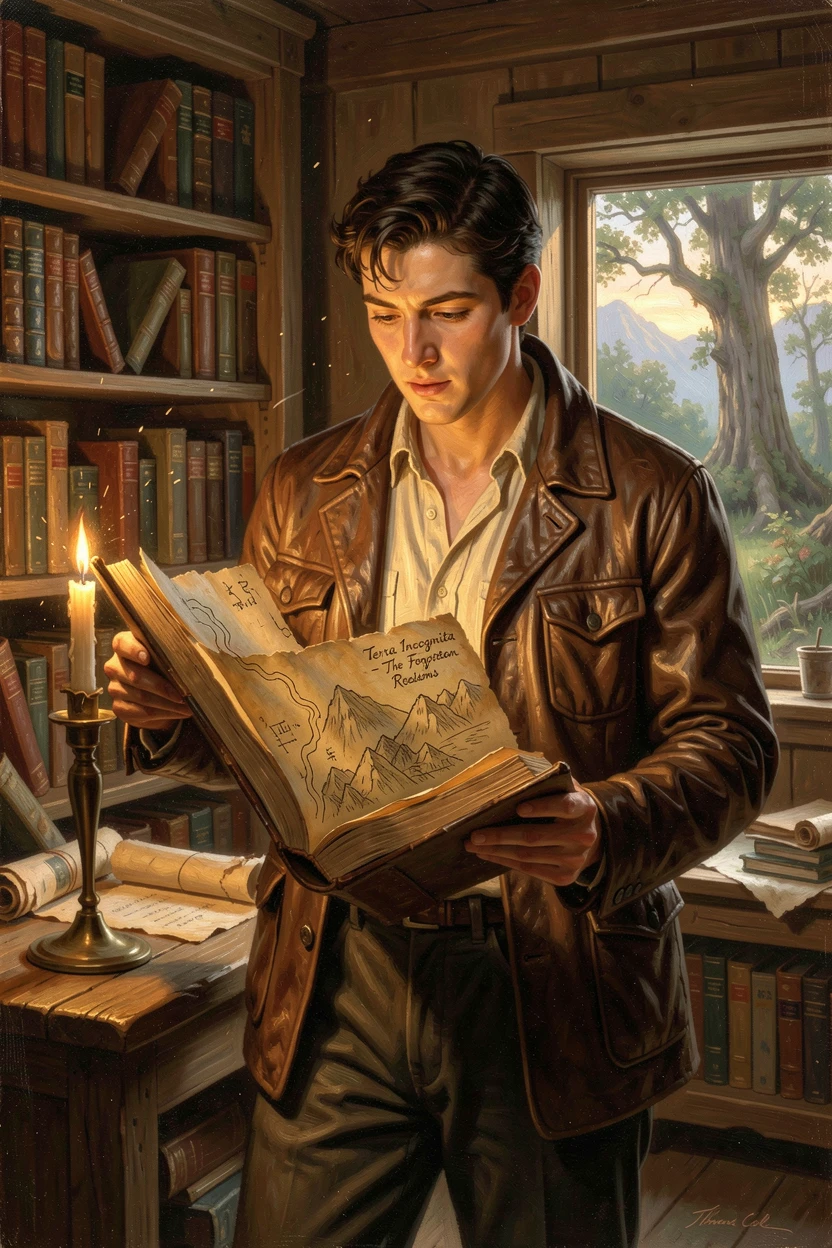A young explorer discovers an ancient map hidden within an old book.