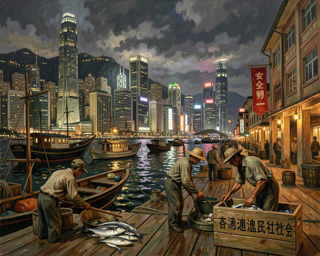 A bustling Hong Kong harbor lit up beneath a glowing skyline at night, as a dramatic sky adds depth and atmosphere to the skyline, evoking a strong sense of place, history, and atmosphere