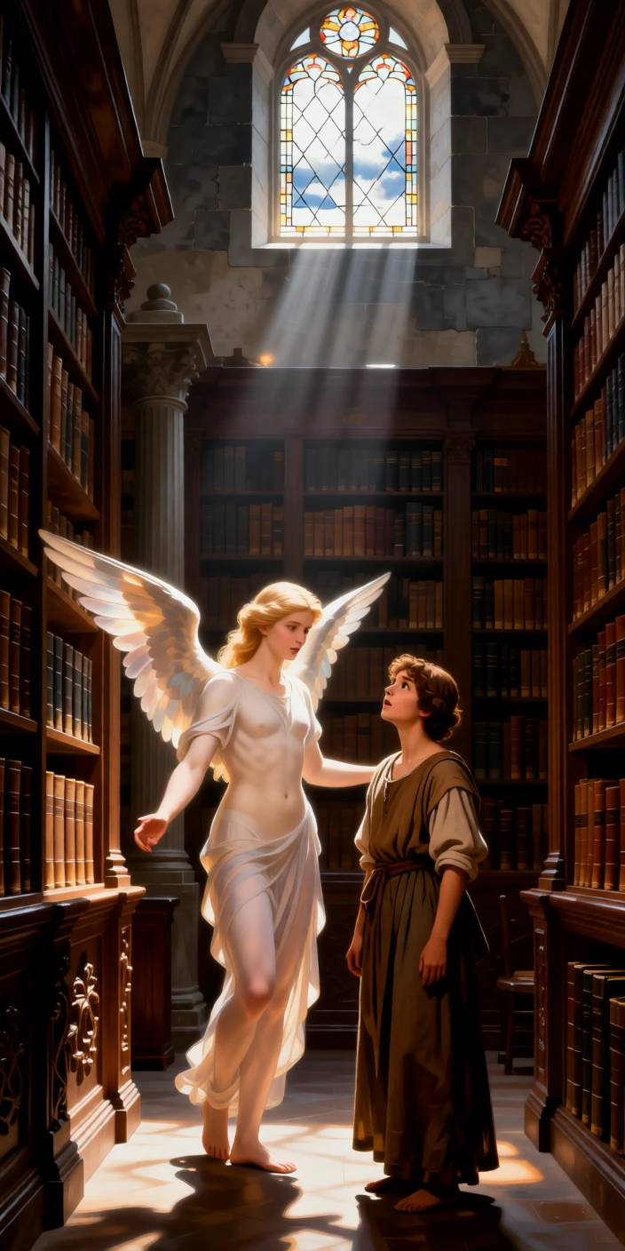 An angel appearing gently before a startled young shepherdess at the quiet culmination of a long inner journey, set within an ancient library devoted to timeless questions, with soft, radiant light breaking gently through clouds or stained glass; a low, humble viewpoint elevates the sacred over the everyday, capturing a timeless moment of grace and gratitude.