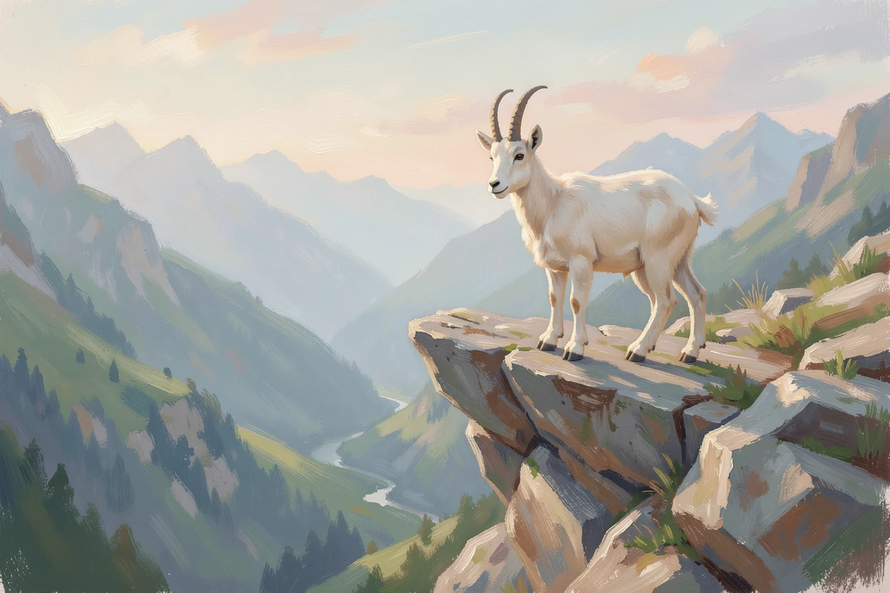 A mountain goat perched on a narrow rocky ledge overlooking a dramatic alpine valley, evoking timeless charm and quiet elegance.