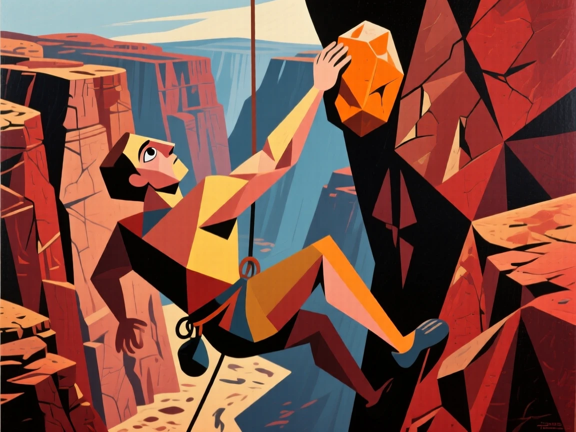 A rock climber reaching for a hold high above a dramatic canyon landscape.