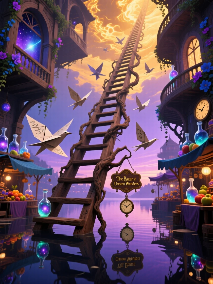 A marketplace built across the rungs of a giant ladder hovers just above a mirror-still lake, while birds made of paper drift past its windows.