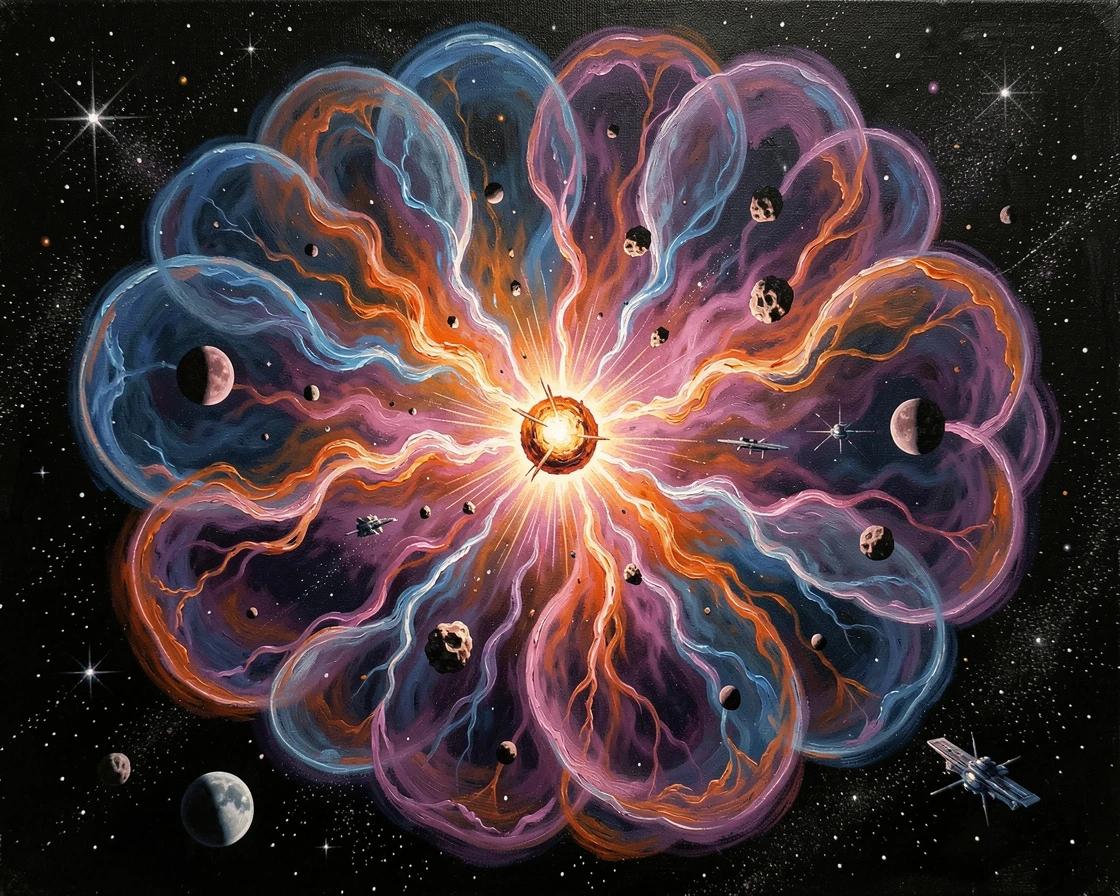 A colorful planetary nebula expands outward in delicate shells of glowing gas, the remnant of a dying star visible at its center, the scale of the scene emphasized by tiny details that suggest an entire hidden world beyond the frame.