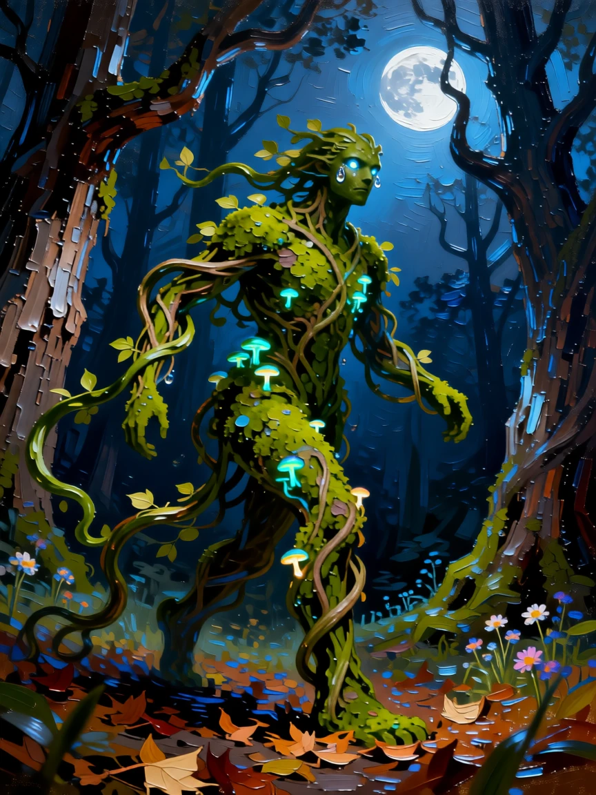 a forest guardian made of vines and moss gliding silently through a moonlit forest