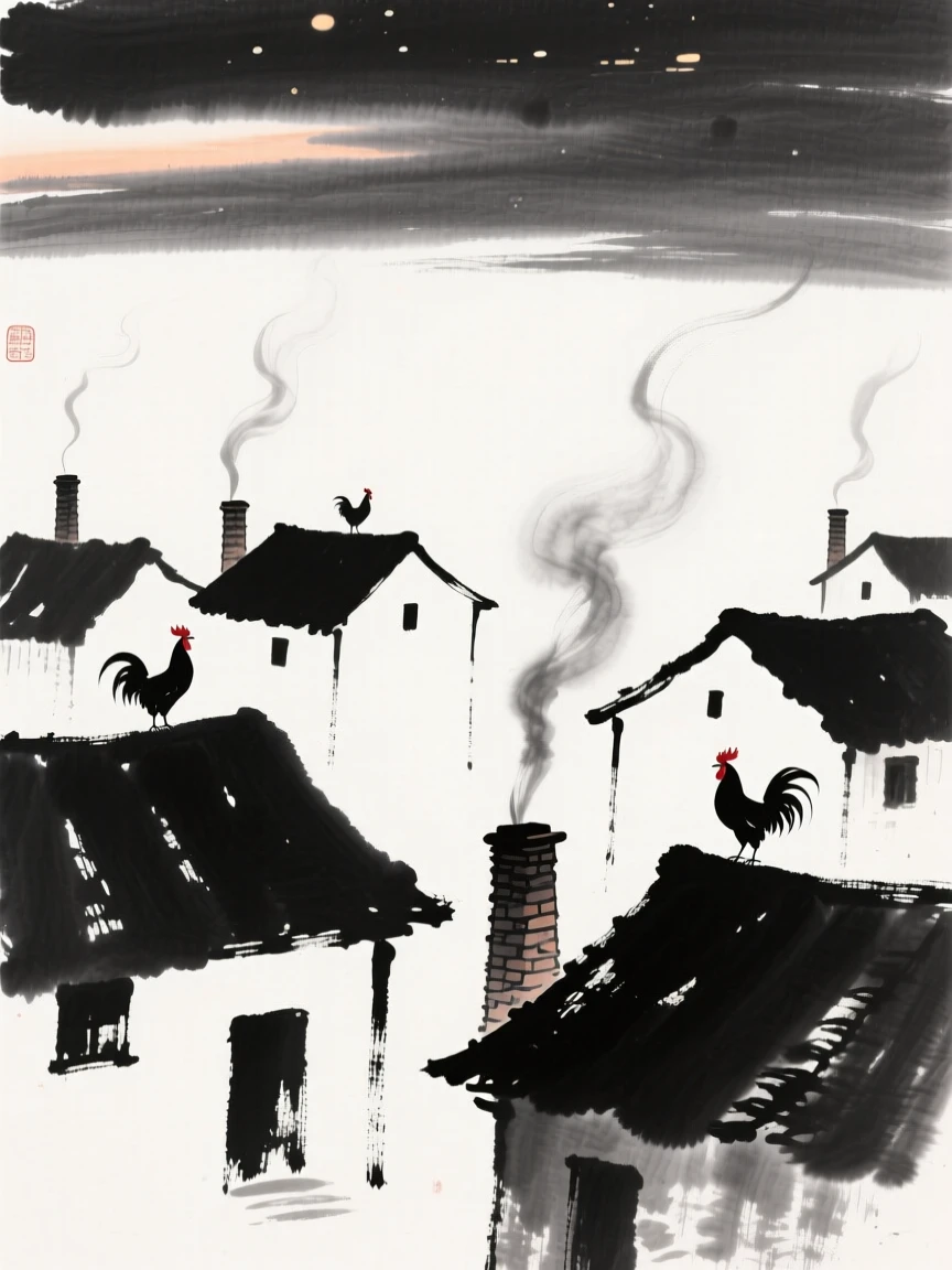 Smoke rises gently from chimneys in a village at dusk, as roosters call from nearby rooftops.