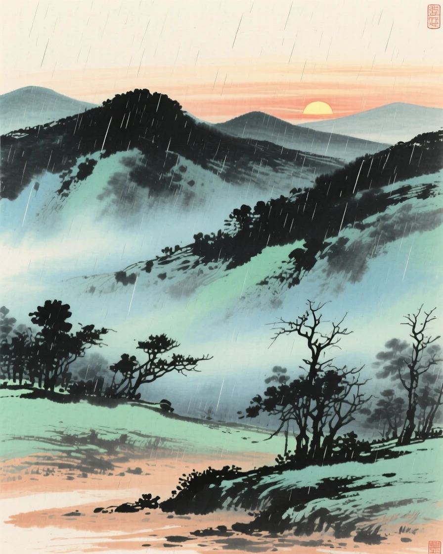 The last light of day fading behind a row of distant hills, in a gentle drizzle.