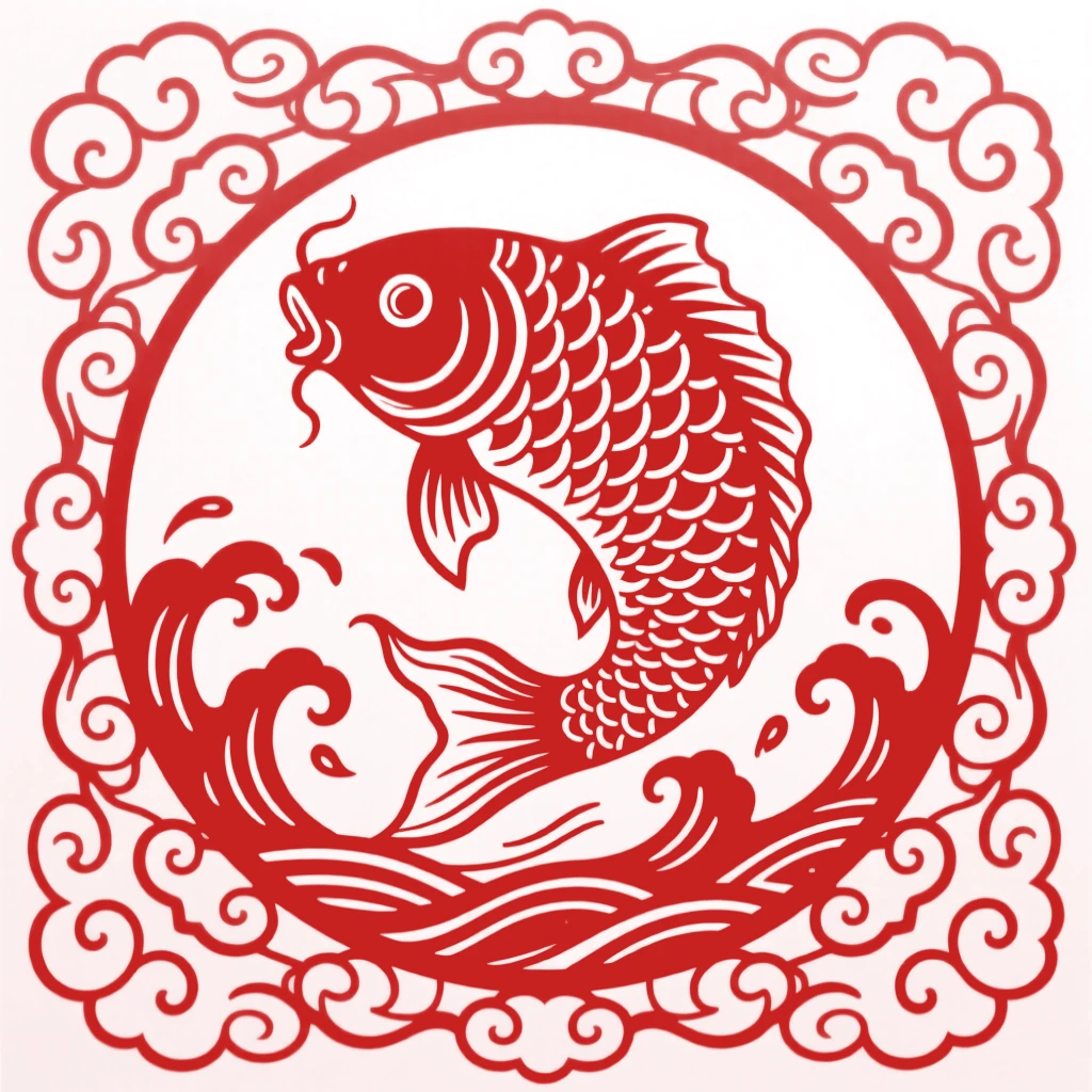 A carp leaping through a ring of water, bordered by a repeating cloud pattern, representing harmony between heaven and earth.