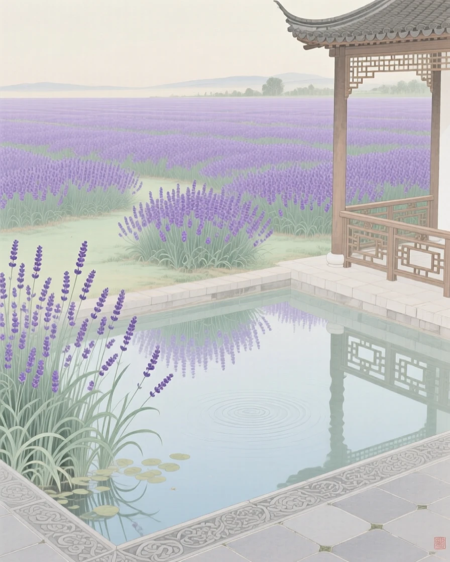 Lavender fields stretching to the horizon reflected in the still water of a courtyard pond