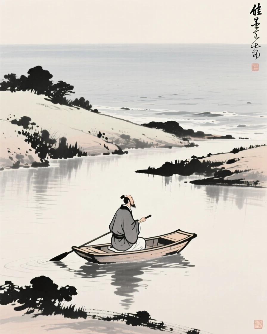 A calligrapher poling a small boat across still water on a hillside overlooking the sea, framed intimately, focusing on quiet gesture and expression, capturing an everyday moment full of gentle humanity.