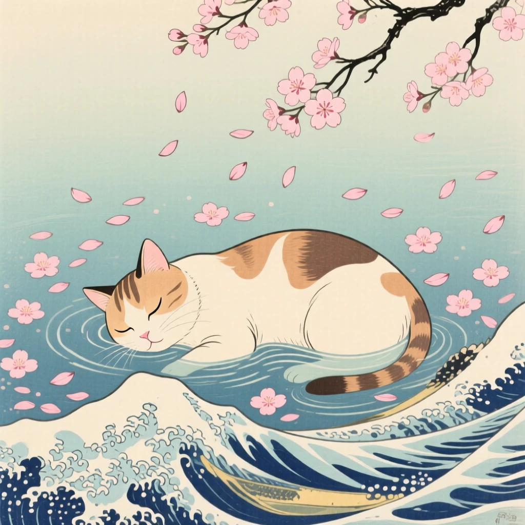 A sleeping cat swimming beneath drifting cherry petals.
