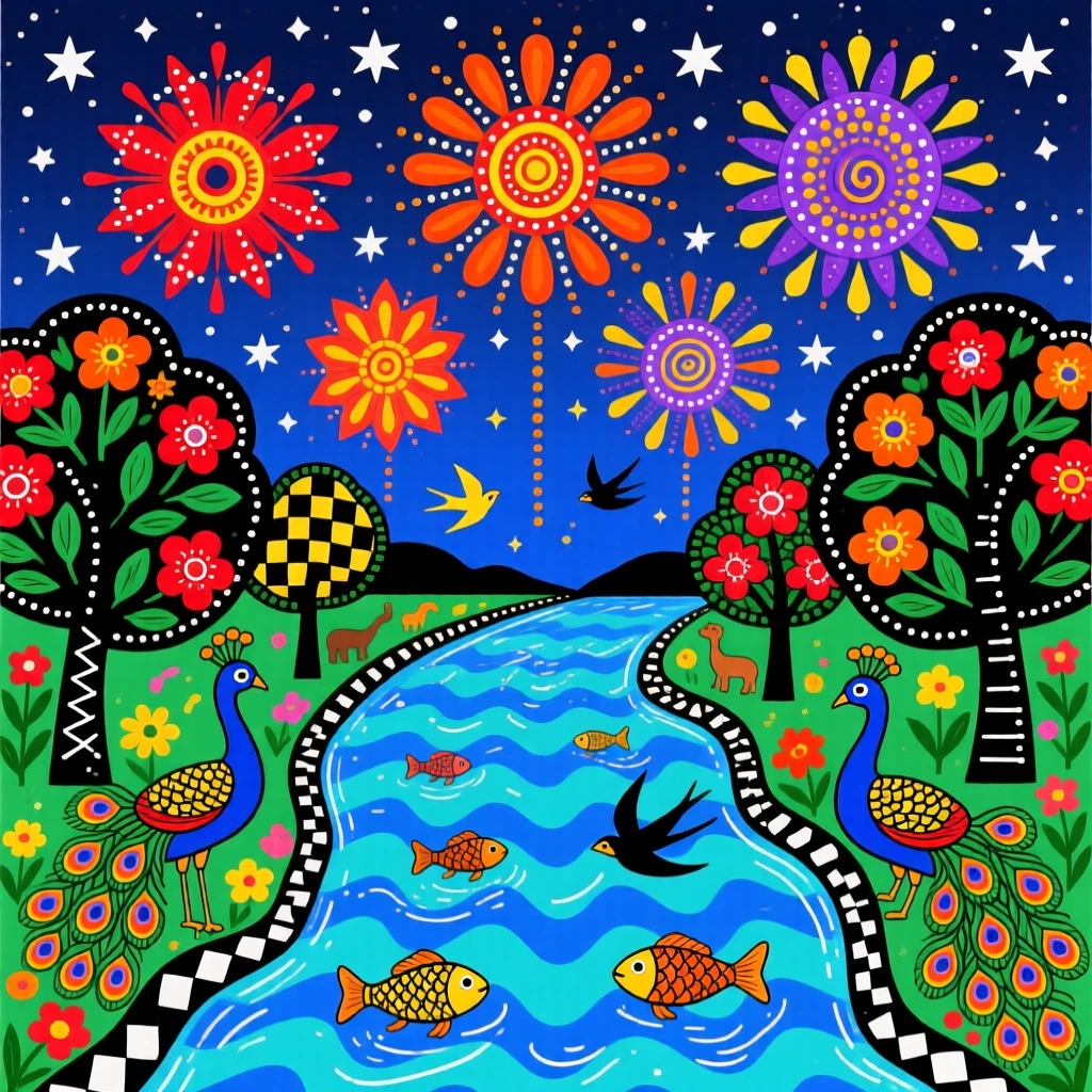 Fireworks blooming above a river during a summer night celebration.